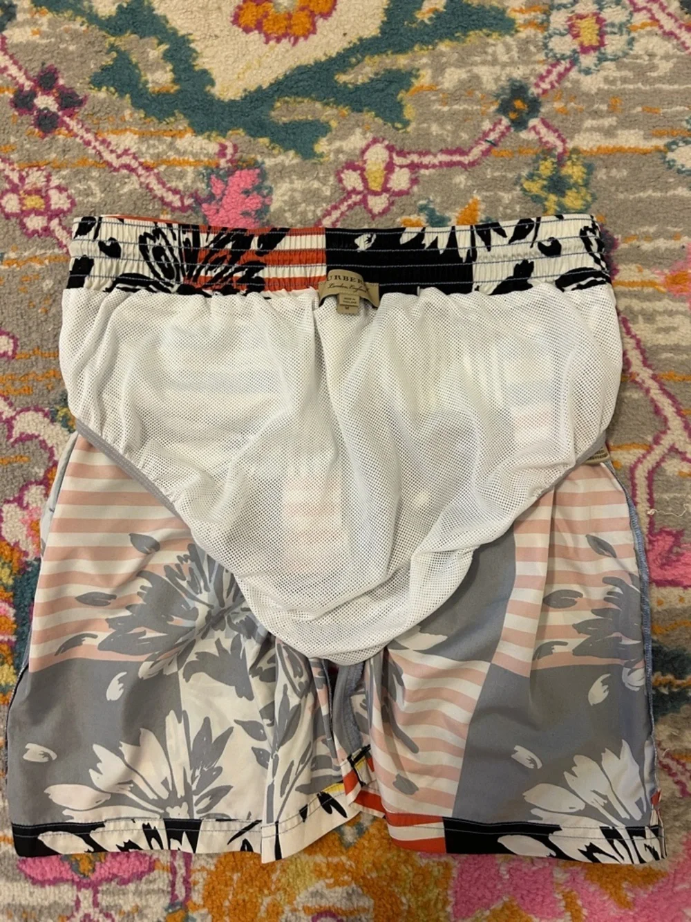 Burberry Floral Plaid Patchwork Printed Multicolor Stripe Swim Trunk Size Medium